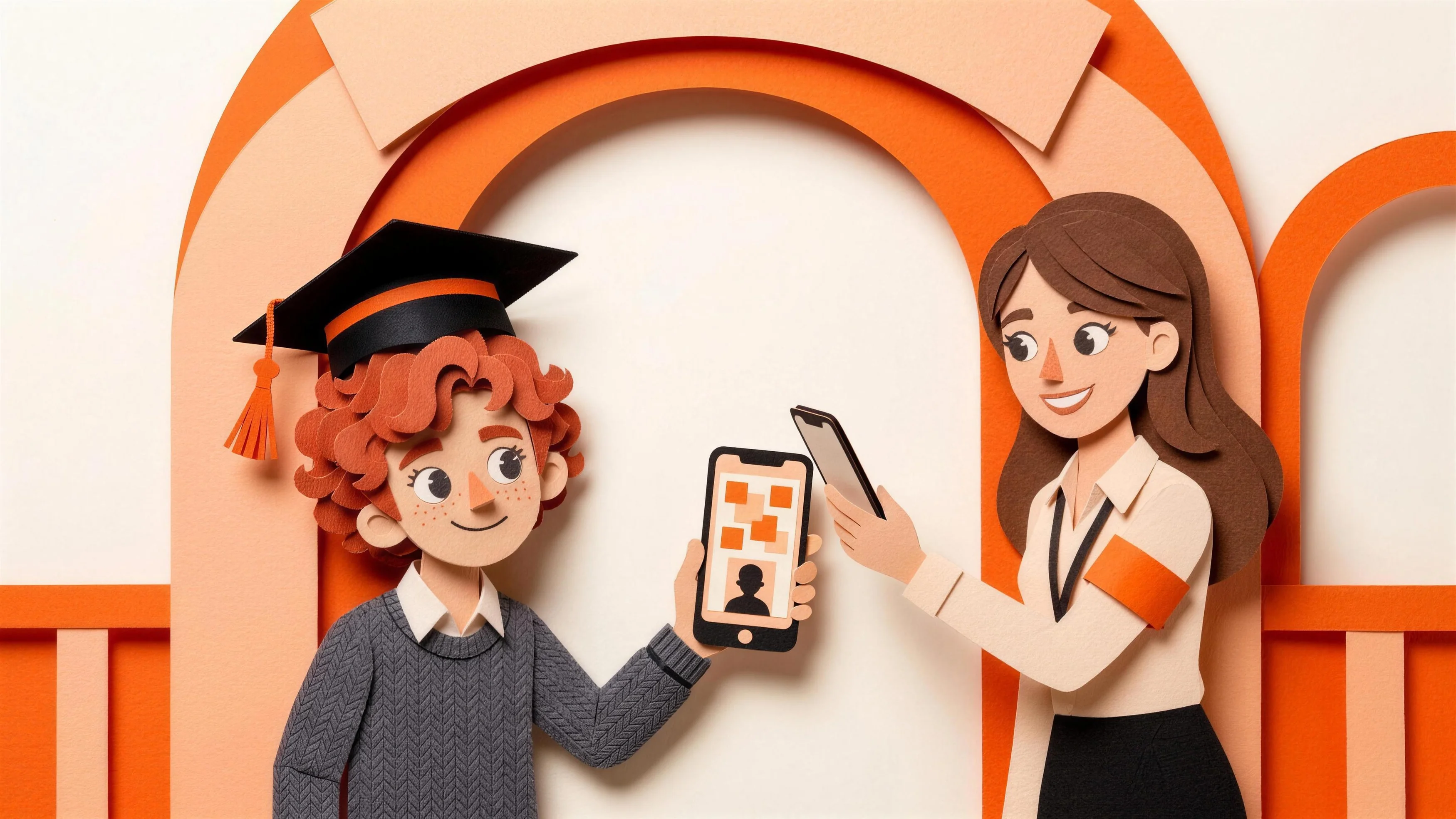 Léon, en papier découpé, montre l'écran de son téléphone à une étudiante qui le scanne, sous une arche du campus.