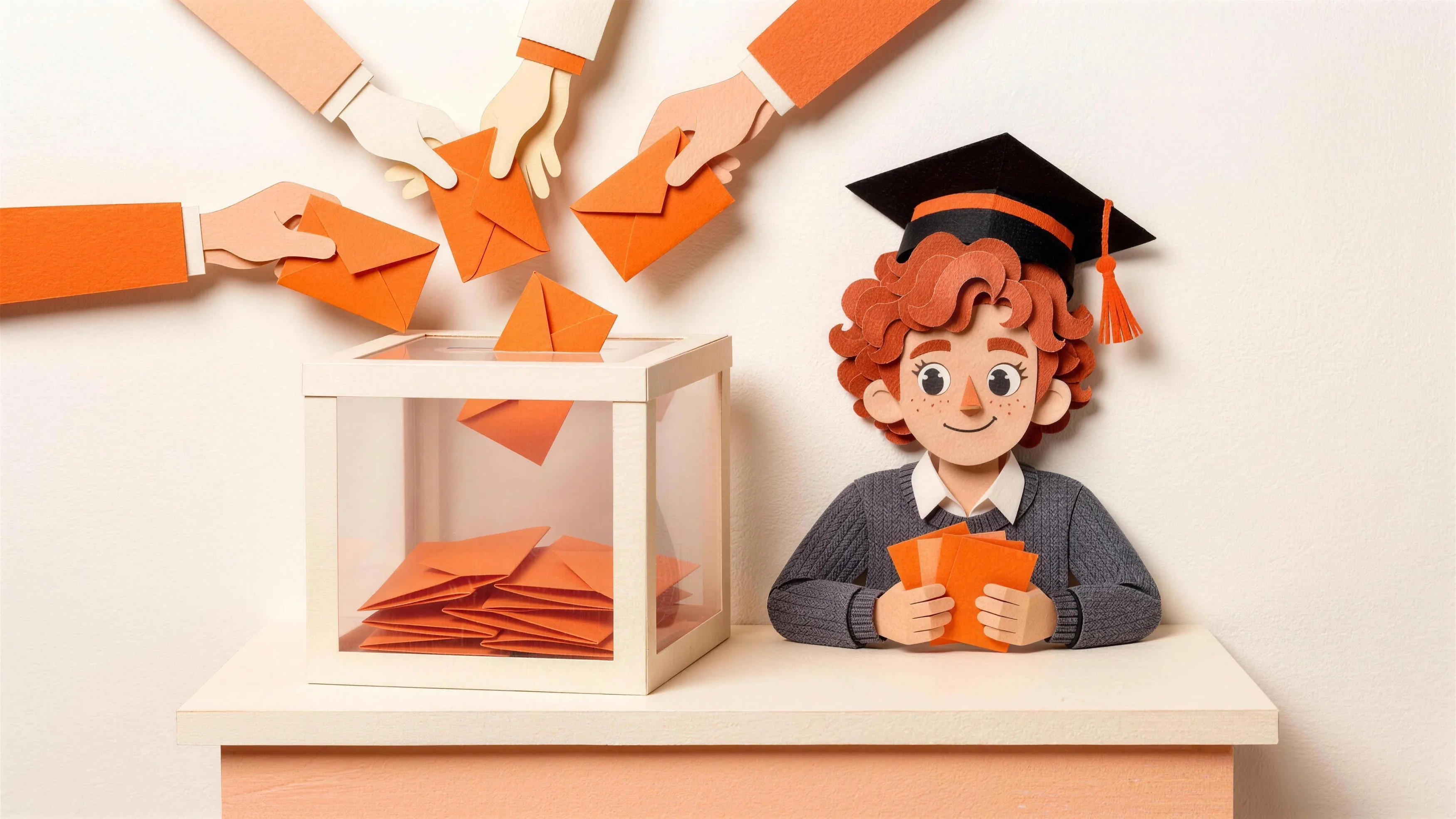 Léon, en papier découpé, compte les bulletins orange glissés dans une urne transparente.