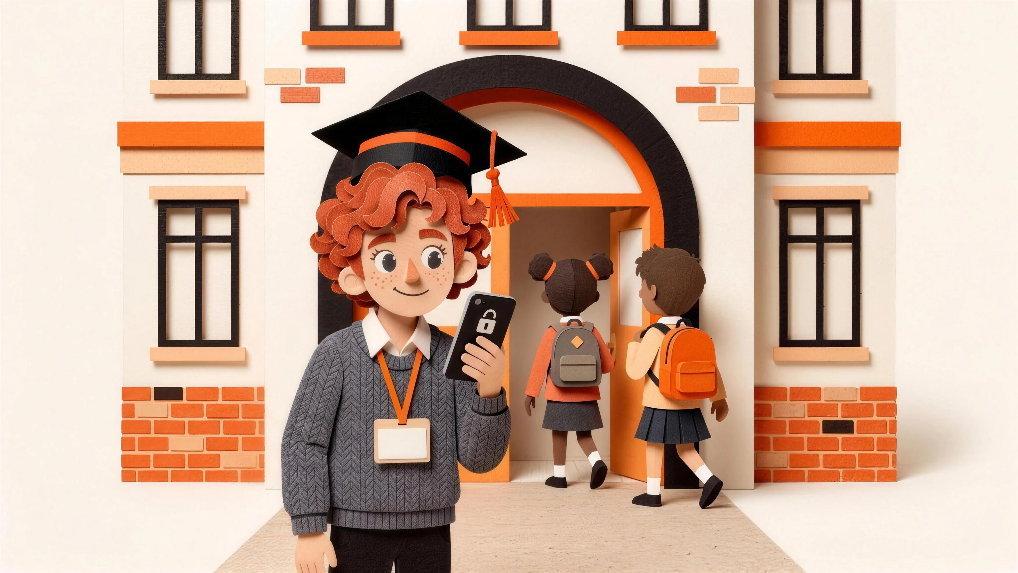 Léon, en papier découpé, badge au cou et téléphone verrouillé à la main, devant l'entrée de son école où entrent deux élèves.