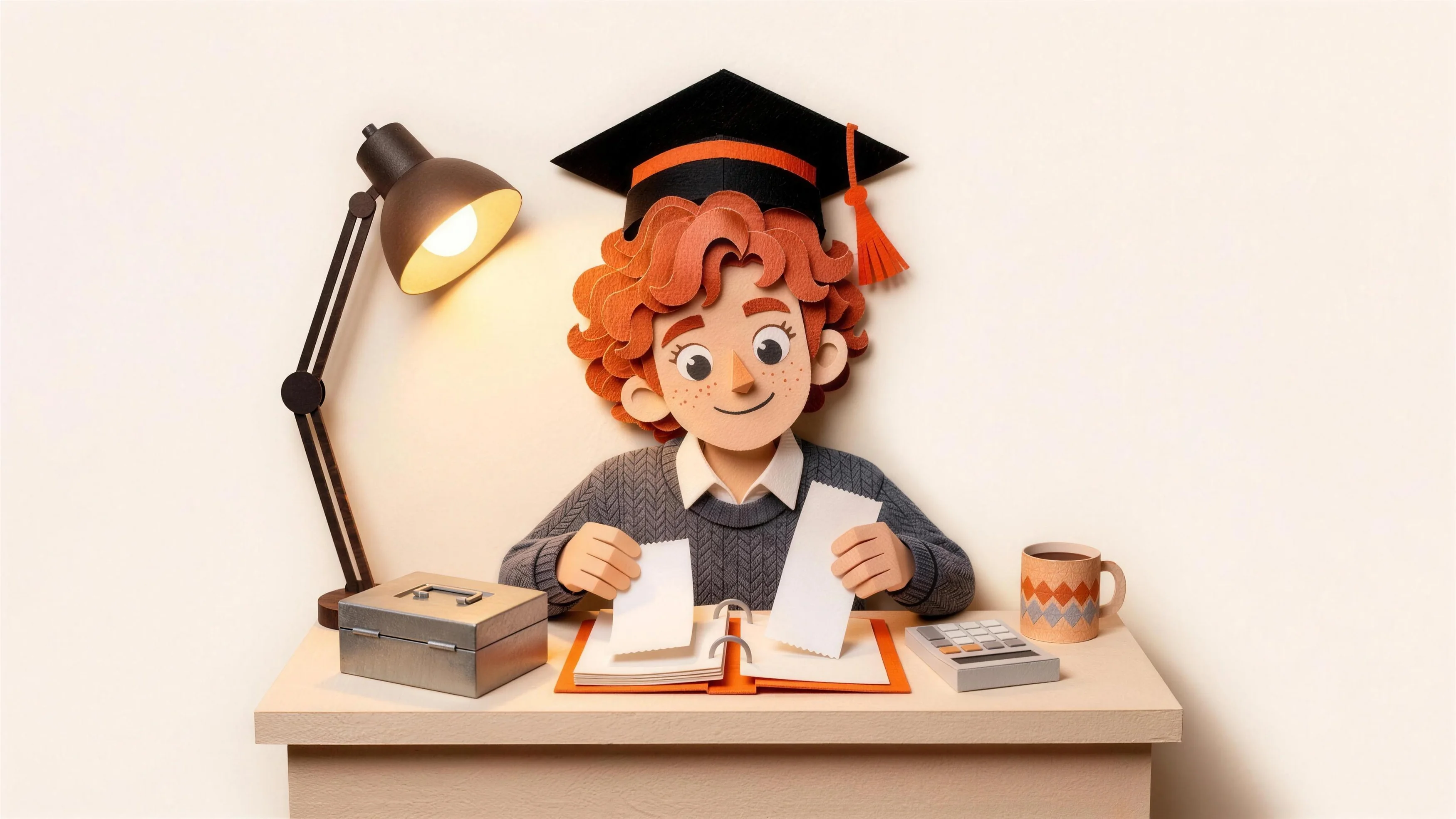 Léon, en papier découpé, classe des justificatifs dans un classeur orange sous sa lampe de bureau.